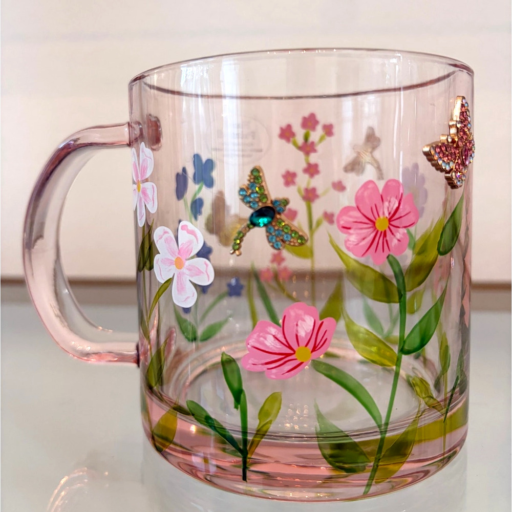 Hand Painted & Jeweled Glass Mug Multicolored Floral Butterfly NEW